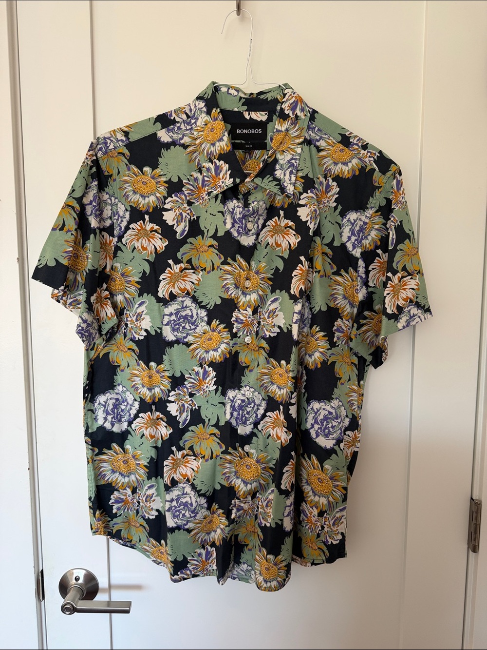 Bonobos Black Floral Short-Sleeve Button-Up with Yellow and Green Accents
